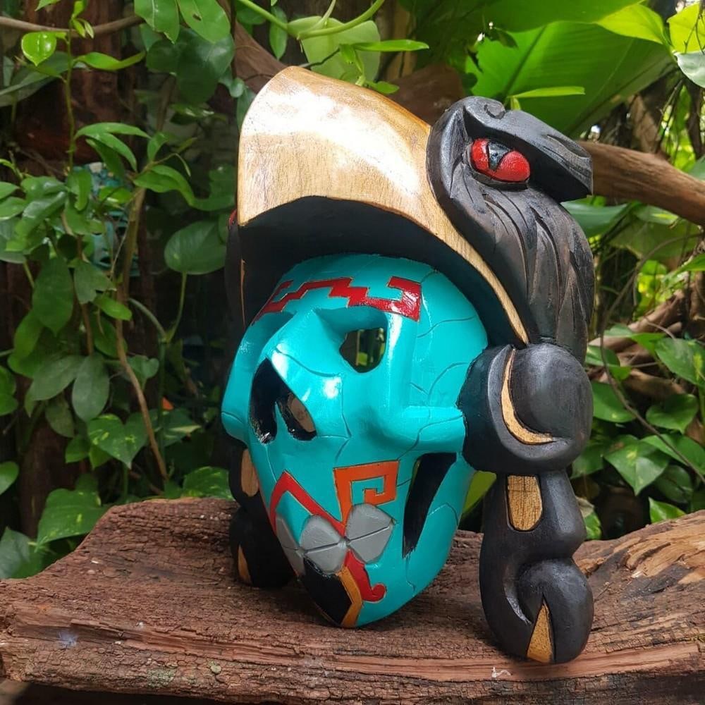 Mayan Blue Skull Eagle Cedar Mask - 2
