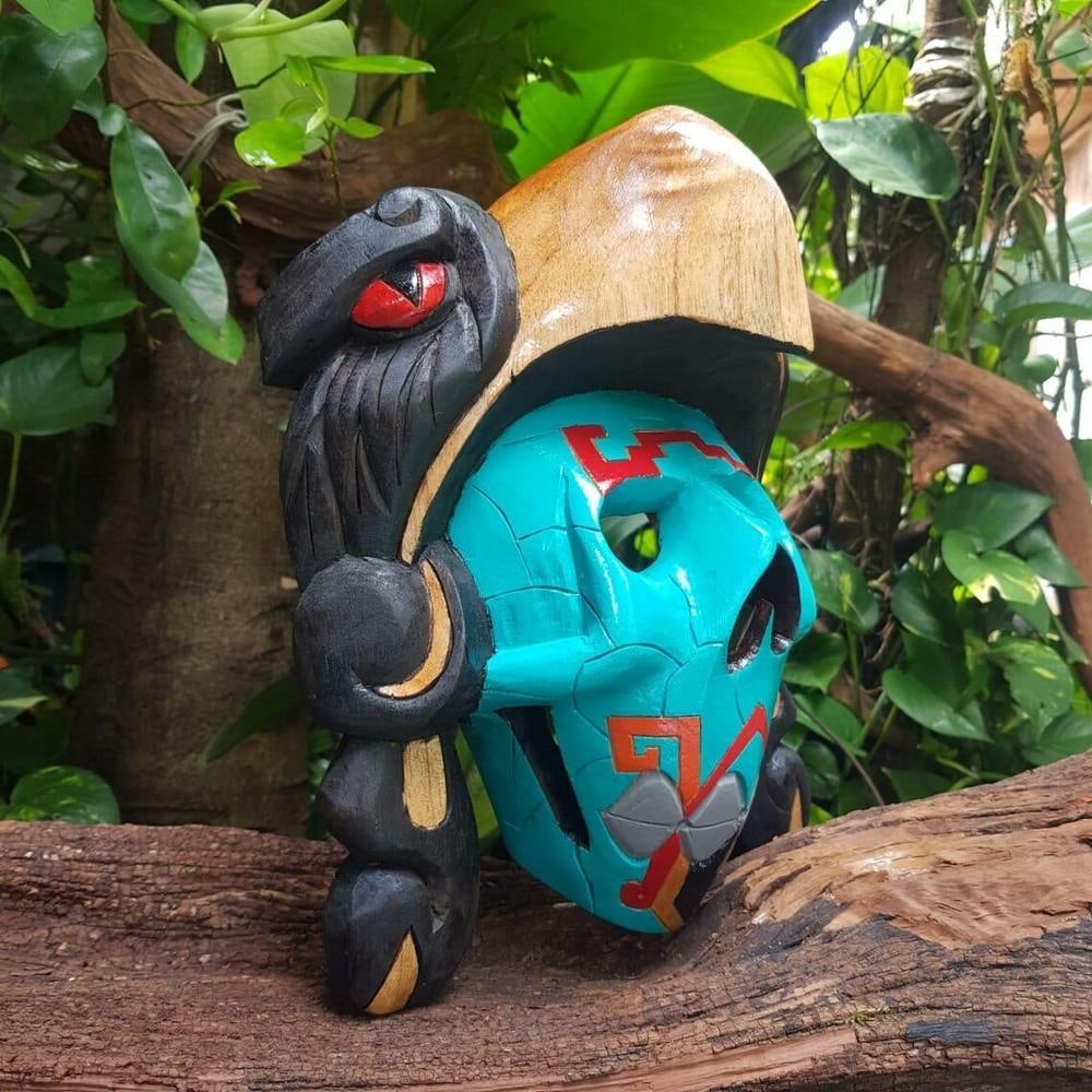 Mayan Blue Skull Eagle Cedar Mask - 3