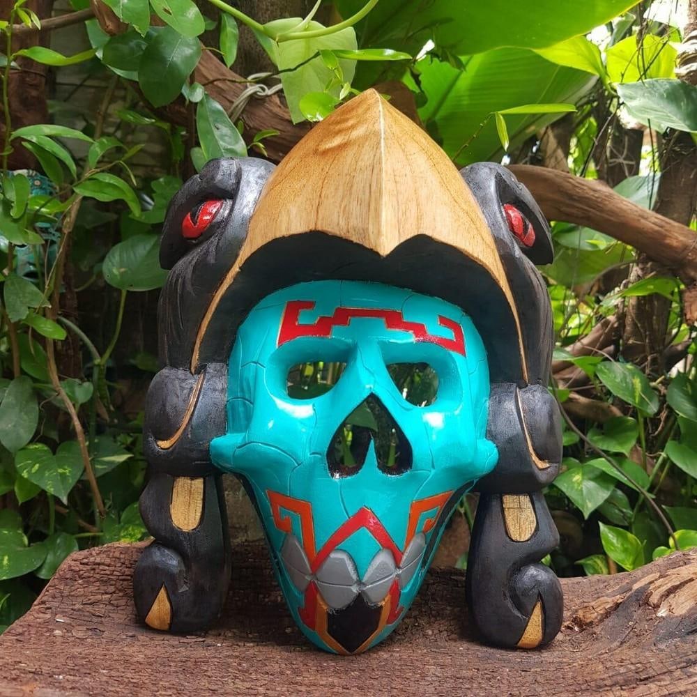 Mayan Blue Skull Eagle Cedar Mask - 4