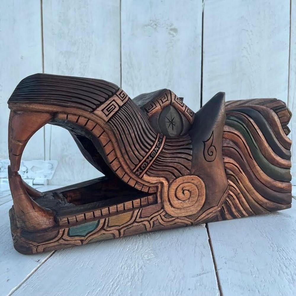 Hand Crafted Quetzalcóatl Cedar Head Carving (1 of 4)