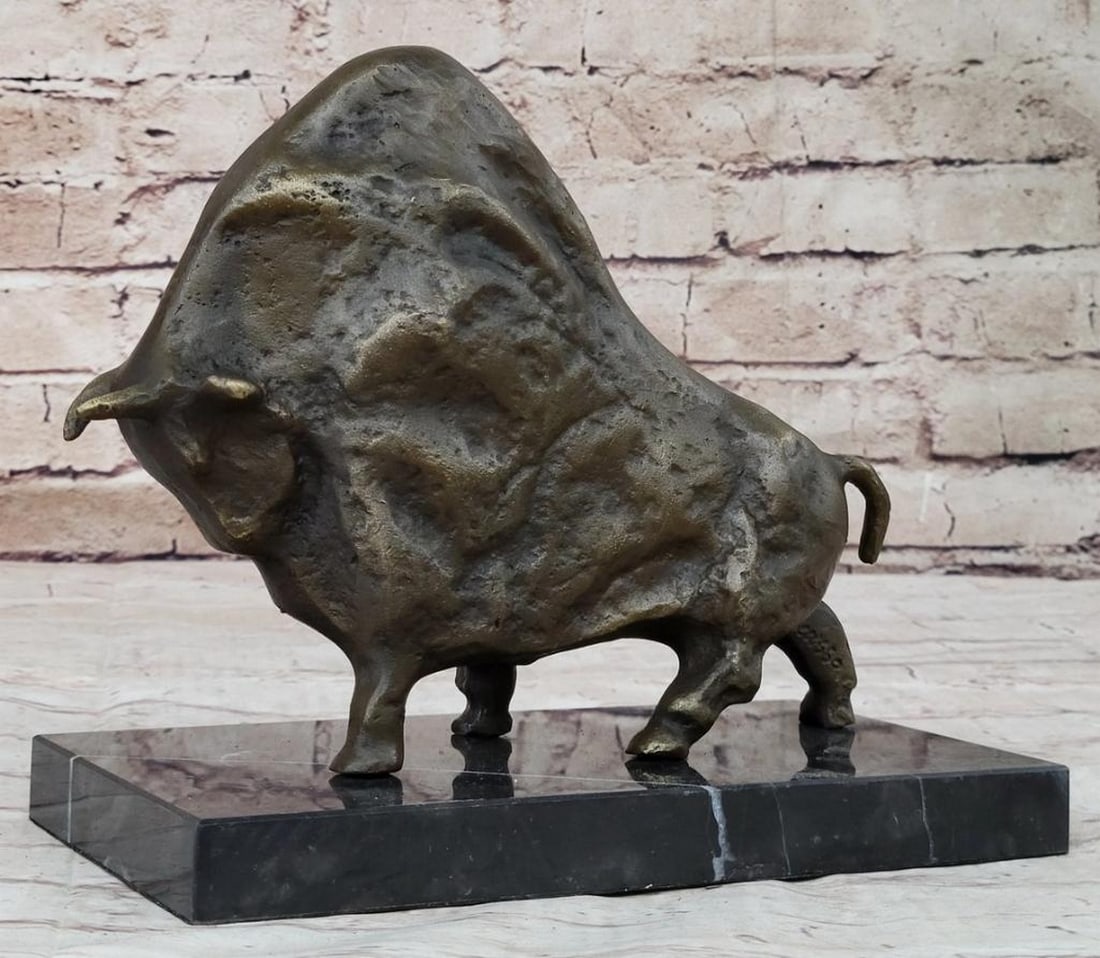 Abstract Bull Bronze Sculpture After Pablo Picasso - 8" x 8.5": Abstract Bull Bronze Sculpture After Pablo Picasso - 8" x 8.5" This bronze sculpture features an abstract bull with rounded, simplified proportions inspired by modernist design. The form empha