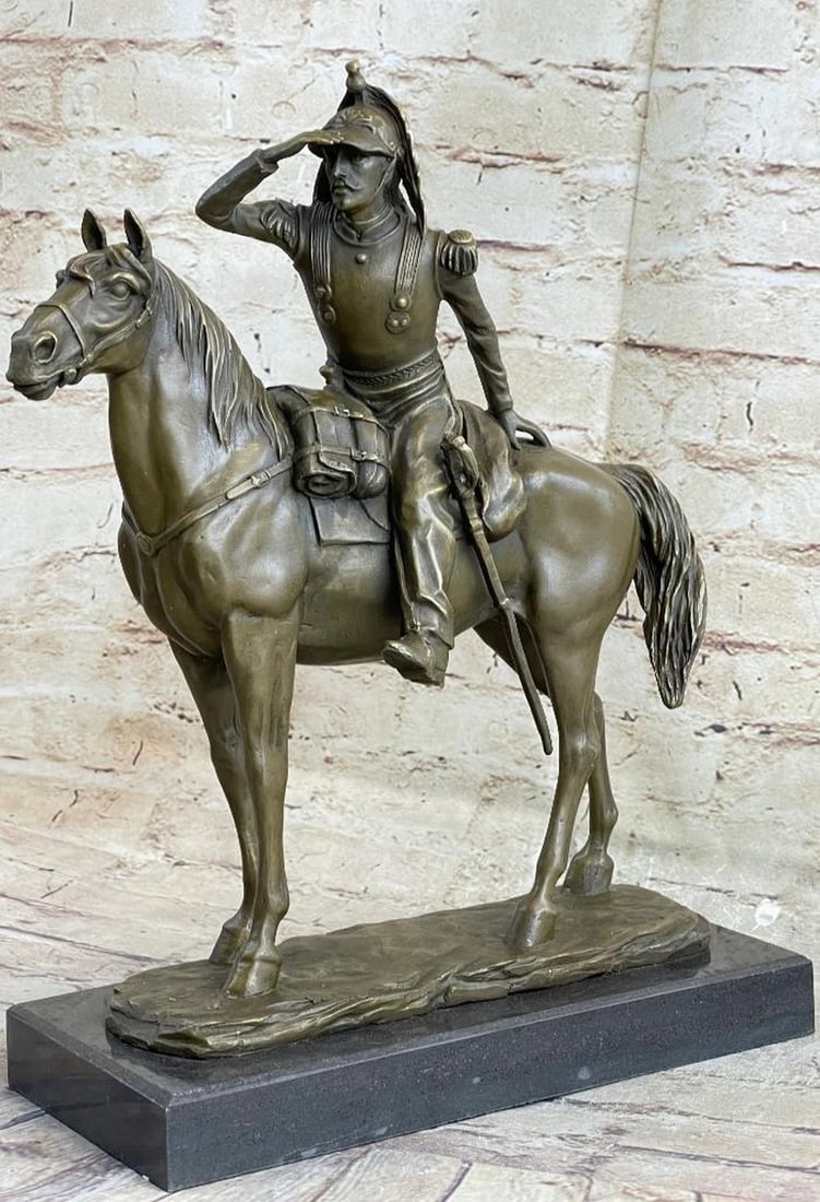 19th Century Cavalry Soldier Warrior on Horseback Bronze Statue Sculpture Figure 15"X 12": An impressive mid century Century bronze study of a French cavalryman seated upon his horse dressed in steel cuirass Armour and plumed steel helmet, looking into the distance. The bronze with excellen