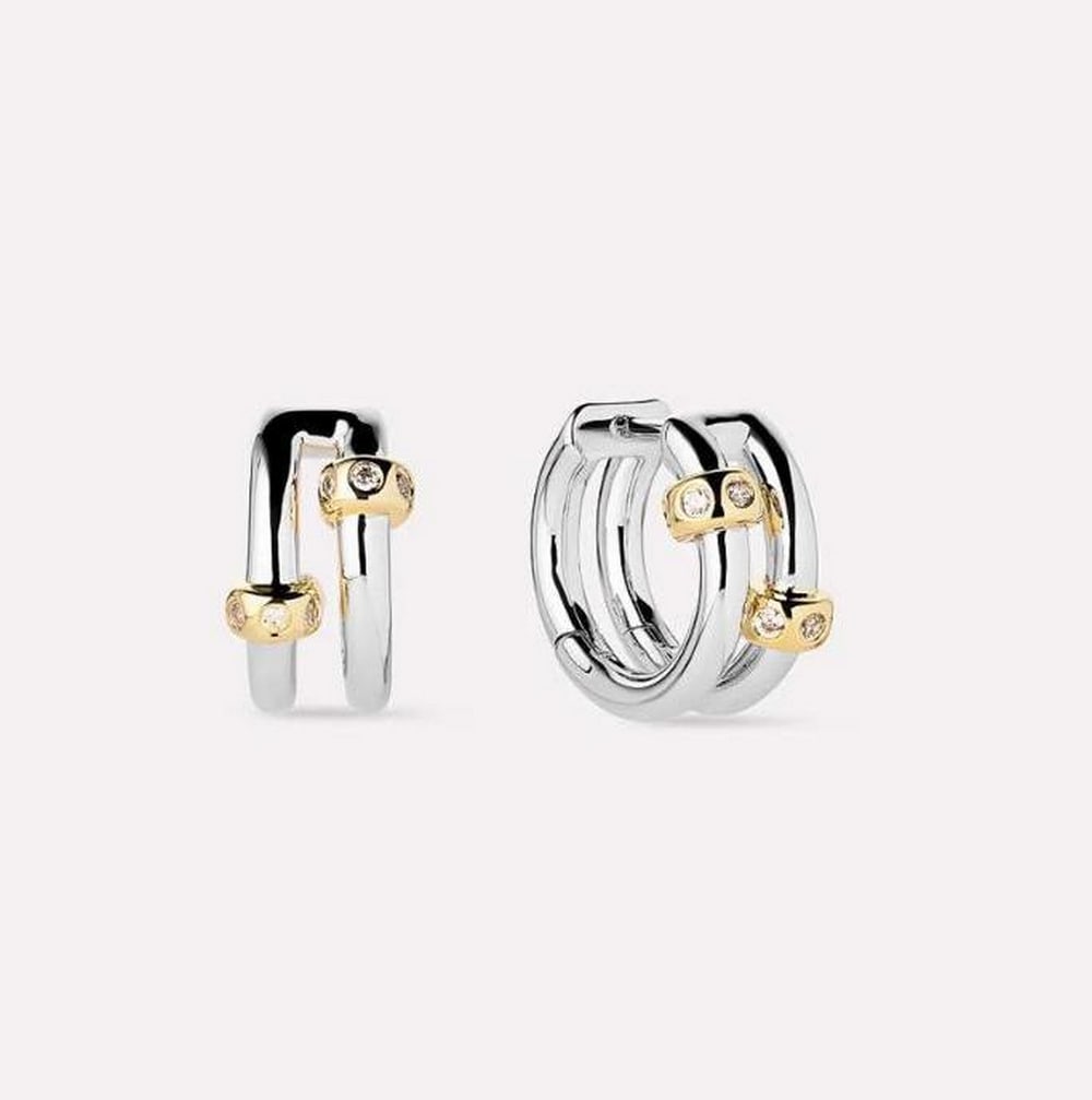 14K Gold & Rhodium-Plated Double Hoop Earrings with Cubic Zirconia (1 of 3)