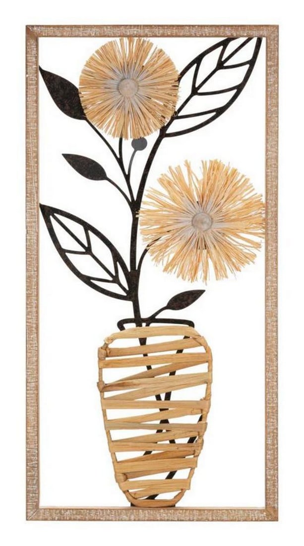 3D Flower Vase Wall Art: 3D Flower Vase Wall Art A decorative 3D wall panel featuring a vase of flowers crafted from metal and raffia, set within a rectangular wooden frame. The mix of natural and metallic textures creates a 