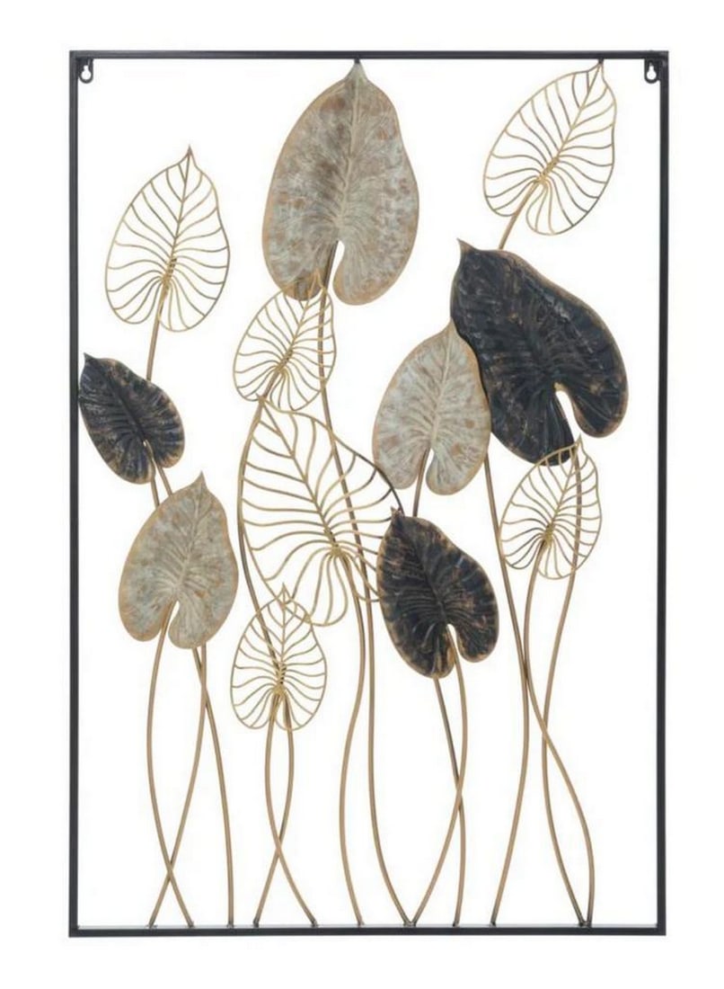 Metal Wall Decor with Square Frame Featuring Elegant Leaf Art: Metal Wall Decor with Square Frame Featuring Elegant Leaf Art Embrace the trend of 3D wall panels with this metal rectangular panel adorned with leaves. Geometric patterns, flowers, and animals create