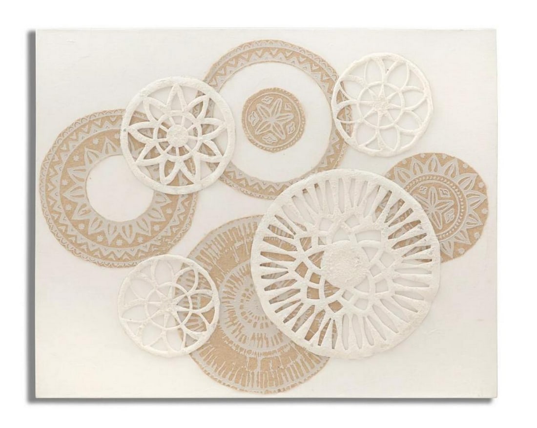 Textured Beige Abstract Canvas: Textured Beige Abstract Canvas A contemporary canvas artwork featuring geometric circle motifs in warm, neutral tones. The composition is enriched with elegant relief details, giving depth and texture