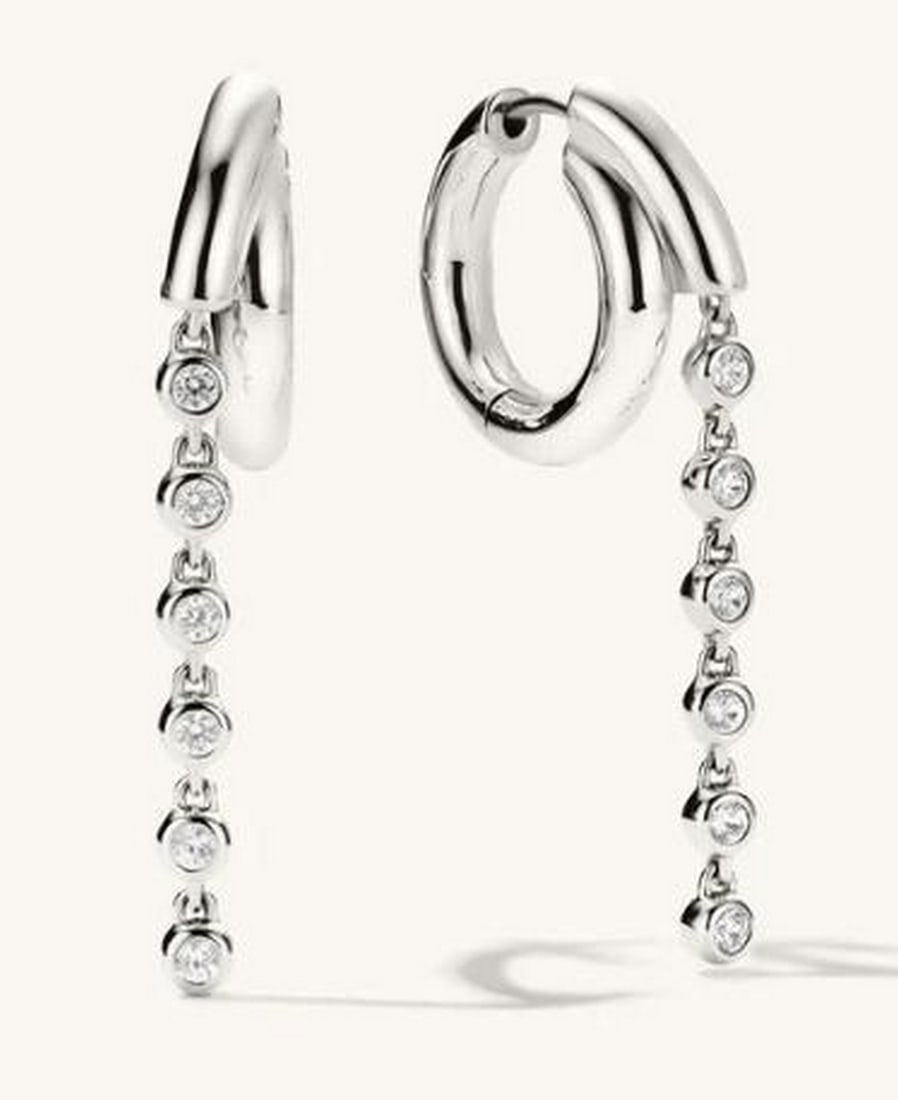 Lab-Grown White Sapphire Sterling Silver Dangle Hoop Earrings: Lab-Grown White Sapphire Sterling Silver Dangle Hoop Earrings. Add a touch of elegance with these lab-grown white sapphire sterling silver dangle hoop earrings. Featuring shimmering sapphires suspende