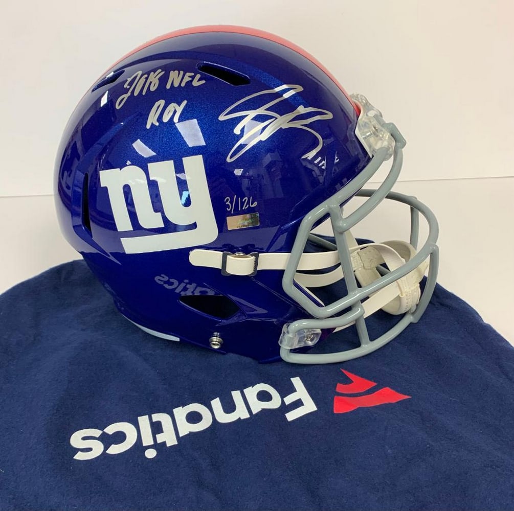 Saquon Barkley Autographed New York Giants Panini Authentic Speed Replica Riddell NFL Helmet: Saquon Barkley Autographed New York Giants Panini Authentic Speed Replica Riddell NFL Helmet with "2018 NFL ROY" Inscription. The Riddell football helmet is a symbol of strength and spirit. Ri