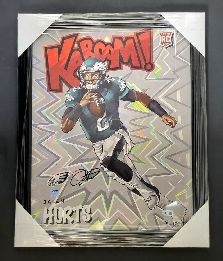 Jalen Hurts Signed Kaboom 6/10 Gold Ed. Beckett COA - 16" x 20" Art, Framed: Authentic Jalen Hurts With Signature Kaboom Gold With Black Frame Edition 6 of 10 Beckett COA - 16" x 20" Art Up For Auction Is An Authentic Jalen Hurts Autographed Piece of Art Featuring The 