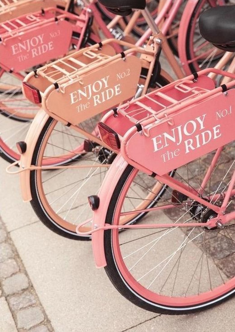 Rosewood Ride: Rosewood Ride Poster Print Rosewood Ride captures the charm of vintage pink city bikes, resting gracefully against a picturesque urban backdrop. With soft hues and nostalgic details, this print evokes