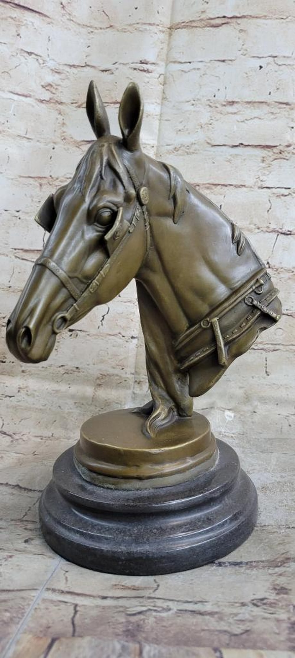 Bronze Horses Head Sculpture On Marble Base - 11lbs: This gorgeous bronze bust of a horse is unique and filled with a raging vibe of energy. The horse seems to be excited or spooked. He bends his head down towards his body as his hair flows upwards as i