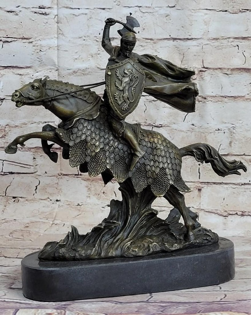 European Knight Battling on Horseback Bronze Sculpture: European Knight Battling on Horseback Bronze Sculpture This bronze representation shows the early days when Vikings revealed their strength and power.It shows the Viking in a primitive purity on top o