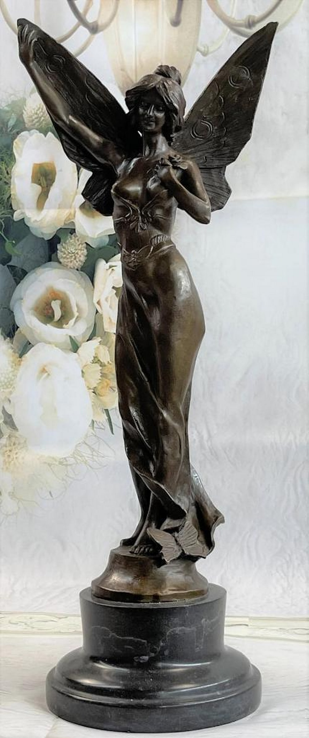 European Influenced "Heavens Angel" Bronze Statue On Marble Base - 15lbs: Daydreamers will fall in love with this daydreaming fairy. She wanders around the mystical forest, her eyes taking in all the magic around her. She is lulled by the soft sounds of life and fantasy aro