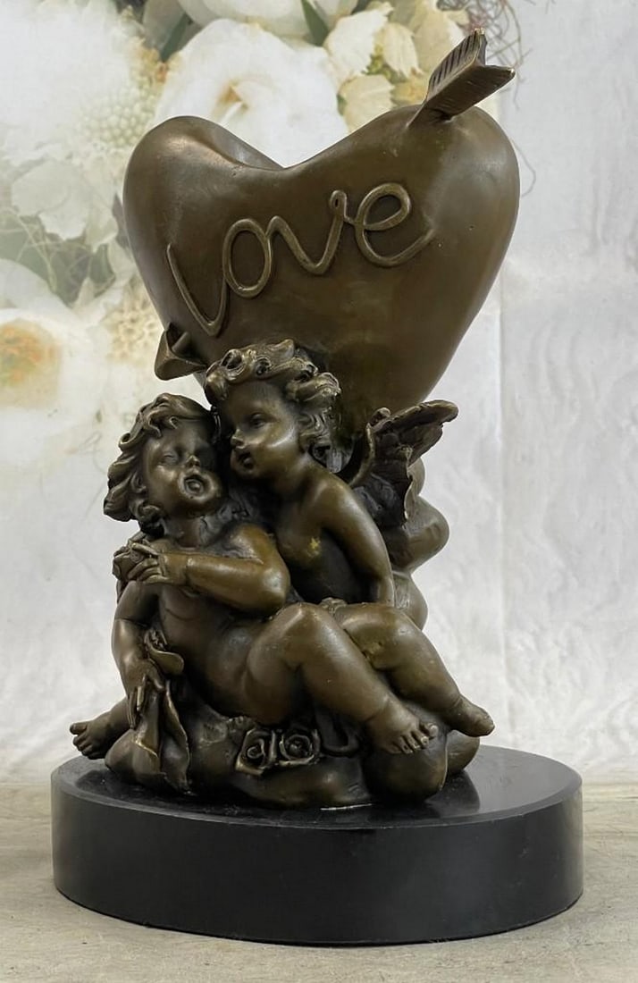 Moreau Inspired Romantic Cherubim Heart Bronze Sculpture On Marble Base - 9" x 6": Moreau Inspired Romantic Cherubim Heart Bronze Sculpture On Marble Base - 9" x 6" Use some love to spruce your very special day with these love designed candle holder! Every love bronze sculpt