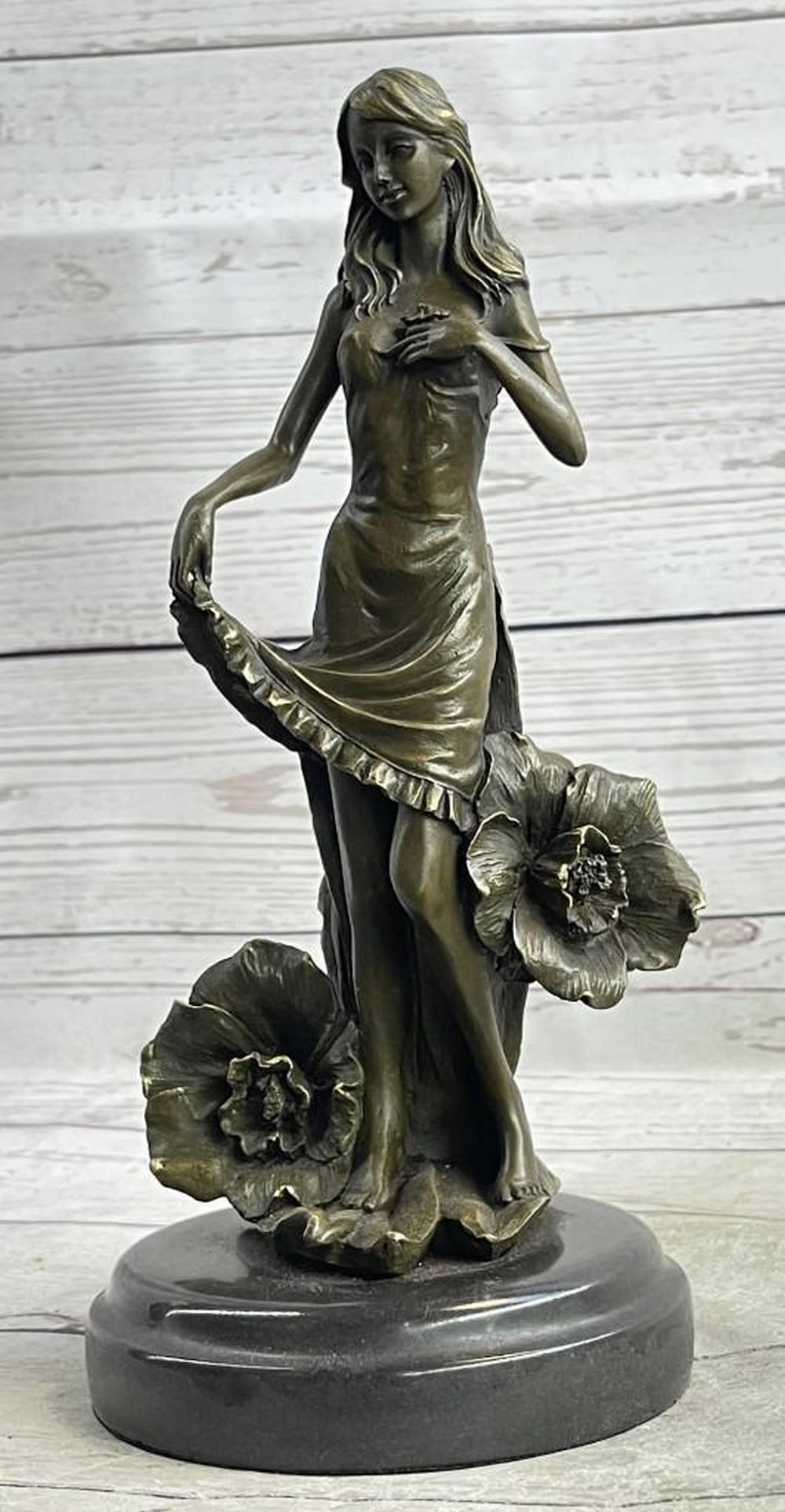 Signed Moreau Inspired Beautiful Woman With Flowers Bronze Sculpture - 10.5" x 4.5": Signed Moreau Inspired Beautiful Woman With Flowers Bronze Sculpture - 10.5" x 4.5" Introducing a beautiful and serene bronze sculpture that exudes tranquility and charm. This adorable artwork