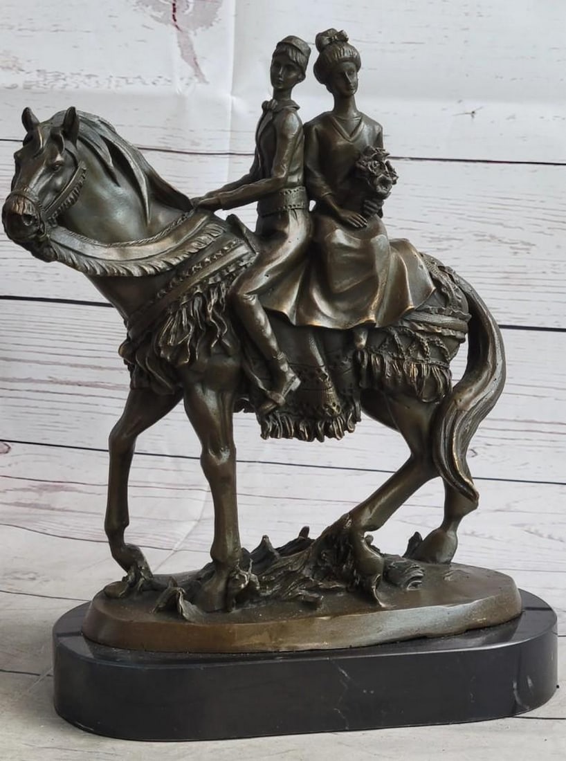 Signed Original Elegant Bride and Groom on Horse Back Bronze Sculpture by Milo - 11" x 8.5": Signed Original Elegant Bride and Groom on Horse Back Bronze Sculpture by Milo - 11" x 8.5" Witness the beauty and elegance of love with this exquisite bronze sculpture titled "Elegant Bri