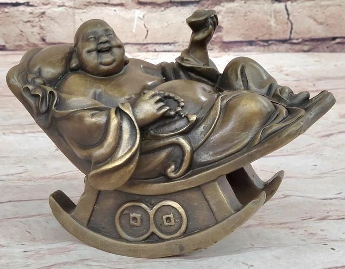 Harmony in Laughter Original Bronze Art Sculpture Jolly Buddha on Rocking Chair - 4" x 6": Harmony in Laughter Original Bronze Art Sculpture Jolly Buddha on Rocking Chair - 4" x 6" Invite boundless positivity and luck into your space with our captivating Laughing Buddha statue on a 