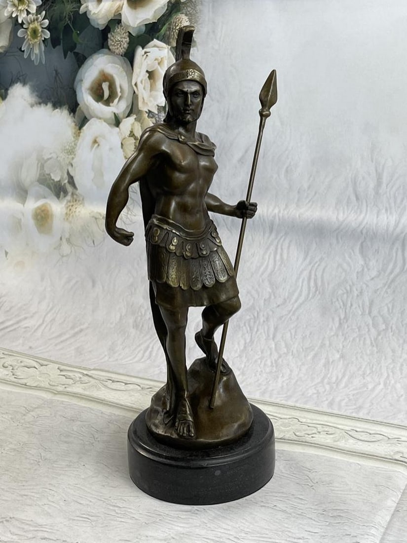 Signed Warrior Knight Bronze Dalou Statue: Signed Warrior Knight Bronze Dalou Statue The Roman legion soldier stands looking to the horizon of a scarred battlefield. He is wearing some of the soldier's regalia. Atop of his head he wears a 