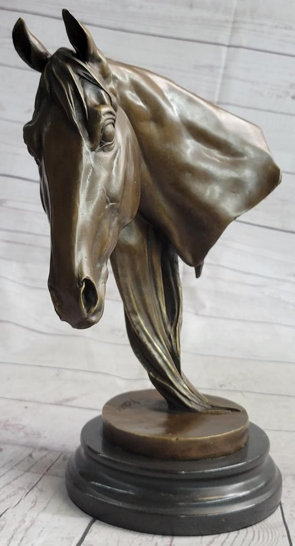 Original Horse Head Equestrian Bronze Bust Sculpture On Marble Base Signed Fisher - 15lbs: This gorgeous bronze bust of a horse is unique and filled with a raging vibe of energy. The horse seems to be excited or spooked. He bends his head down towards his body as his hair flows upwards as i