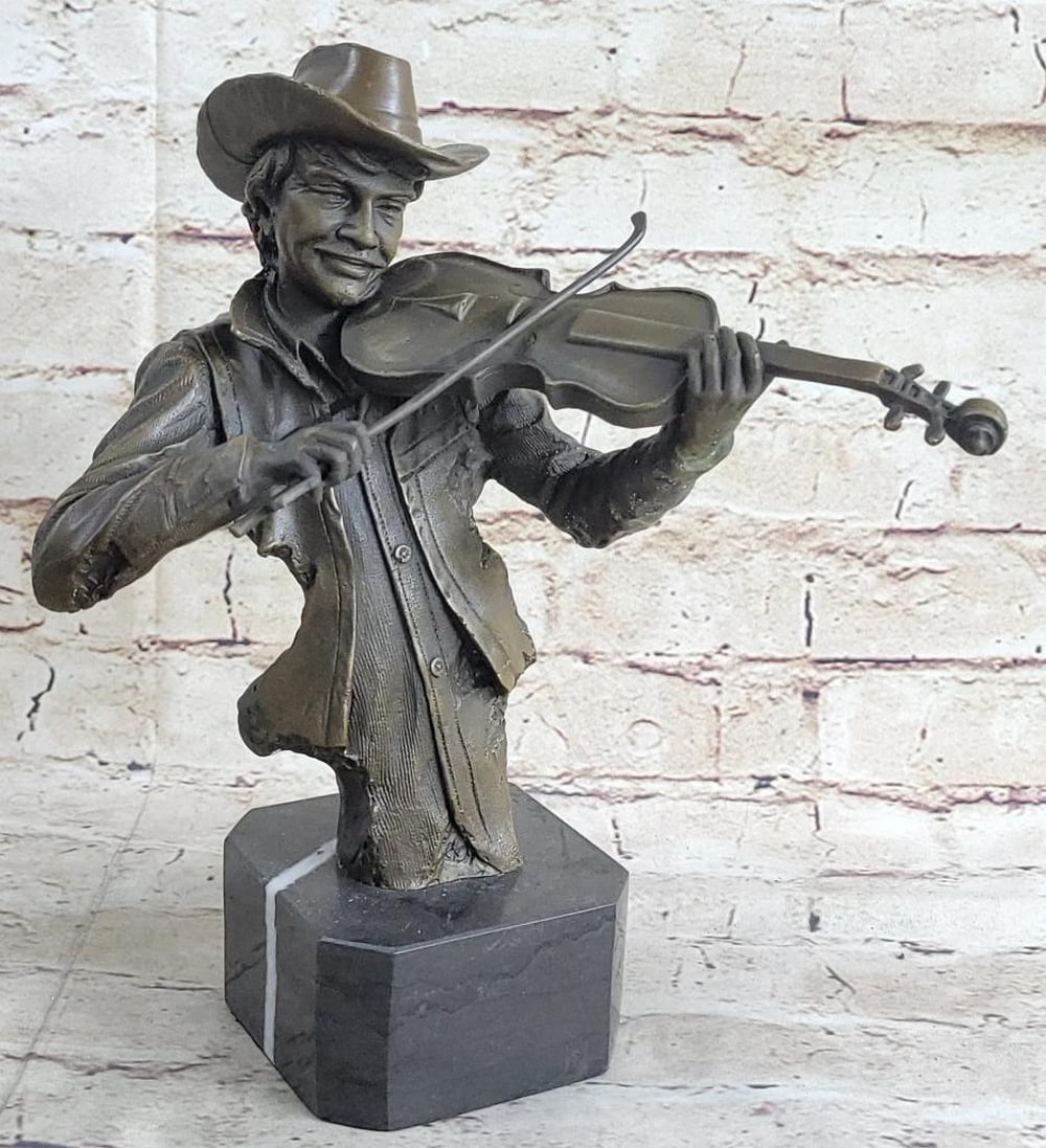 Original Cowboy Playing Violin Bronze Sculpture On Marble Base - 7lbs: This spectacular piece of art is truly a masterpiece. He plays his violin while he gracefully smiles. He has this distinguish finish to him in where he is cut right at the torso and its not completely