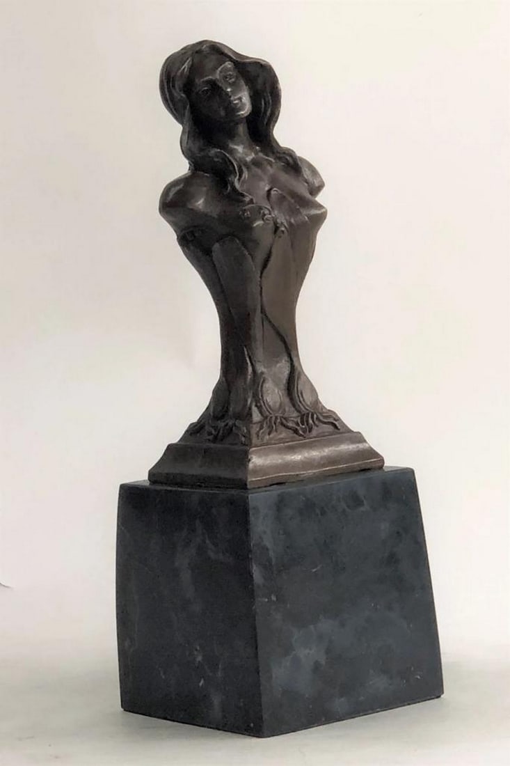 Floreal April Inspired by Hans Muller Vienna Austria Female Bronze Sculpture - 9lbs: This Piece Is The Amazing. It Is A Bust Statue Of An Elegant Girl In A Flower Dress . She Is No Doubt A Woman Of High Standing Going Out For A Royal Day In Town. She Wears An Intricately Designed Flow