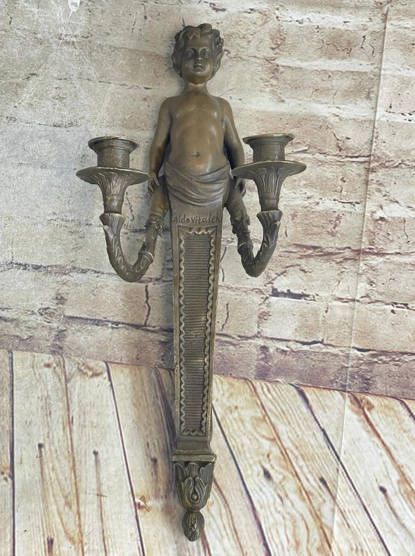 Signed Original Cherub Boy Wall Candle Holder Bronze Sculpture - 17.5" x 5" (1 of 6)