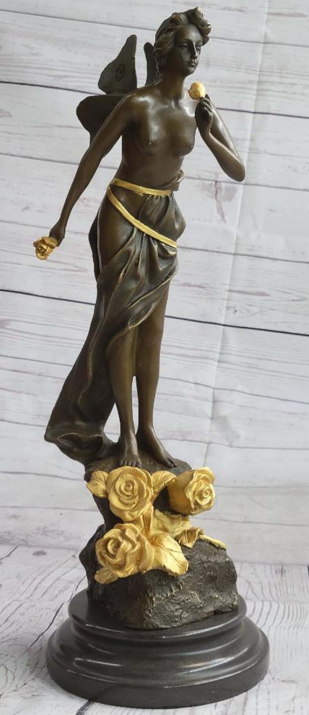 Villanis Inspired Nude Fairy Smelling Flowers Bronze Sculpture On Marble Base - 17" x 6": Villanis Inspired Nude Fairy Smelling Flowers Bronze Sculpture - 17" x 6" Stunning Quality Bronze Sculpture Depicting A Winged Lady With A Flower In Each Hand. This Bronze Was Originally Sculp