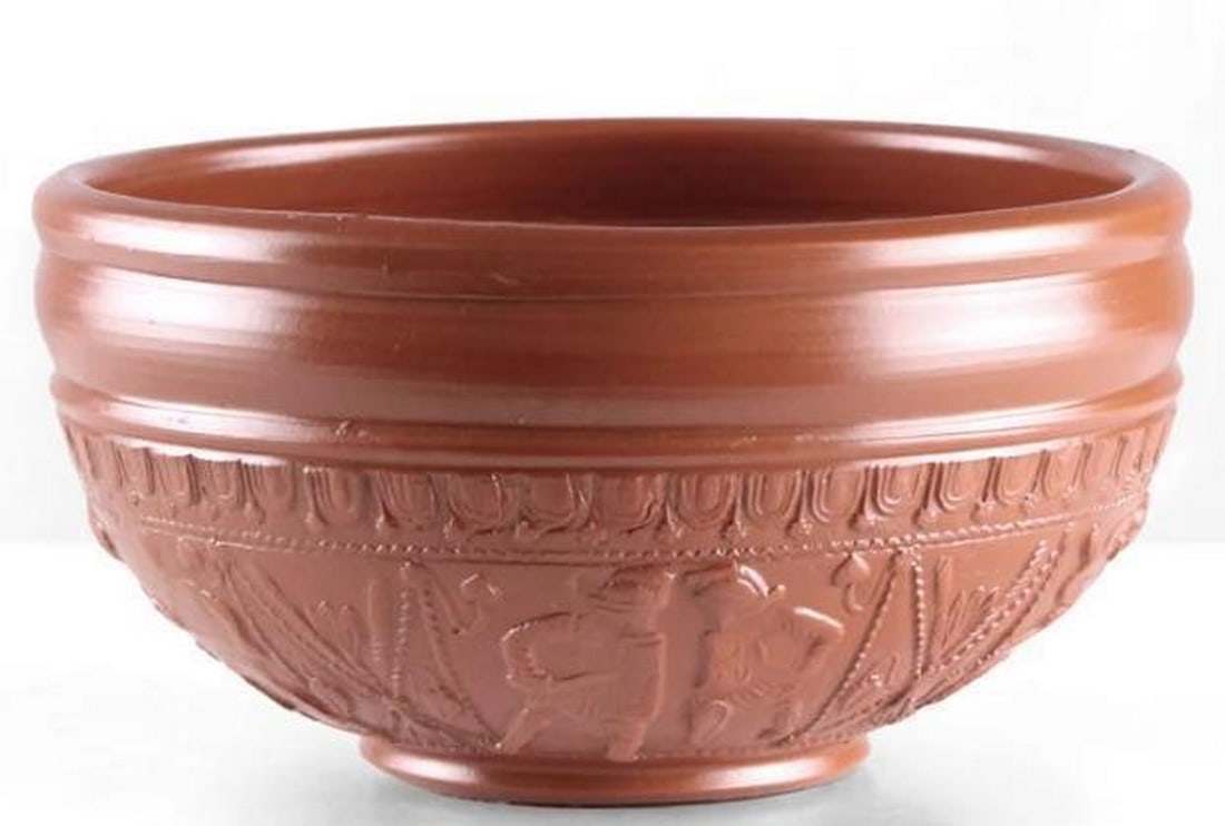 Terra Sigillata Bowl Featuring Lions And Gladiators: Terra Sigillata Bowl Featuring Lions And Gladiators. This Handcrafted Terra Sigillata Bowl, made using a historical technique, features intricate depictions of lions and gladiators. Crafted from