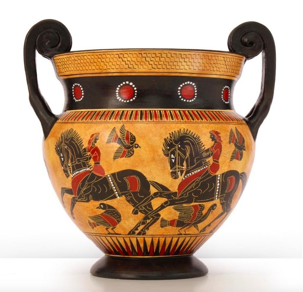 Depiction of Achilles and Hector on Ancient Greek Black-Figure Chalcidian Krater: Depiction of Achilles and Hector on Ancient Greek Black-Figure Chalcidian Krater This amazing ancient Greek Chalcidian Krater with black figures is a high quality hand painted replica of the actual