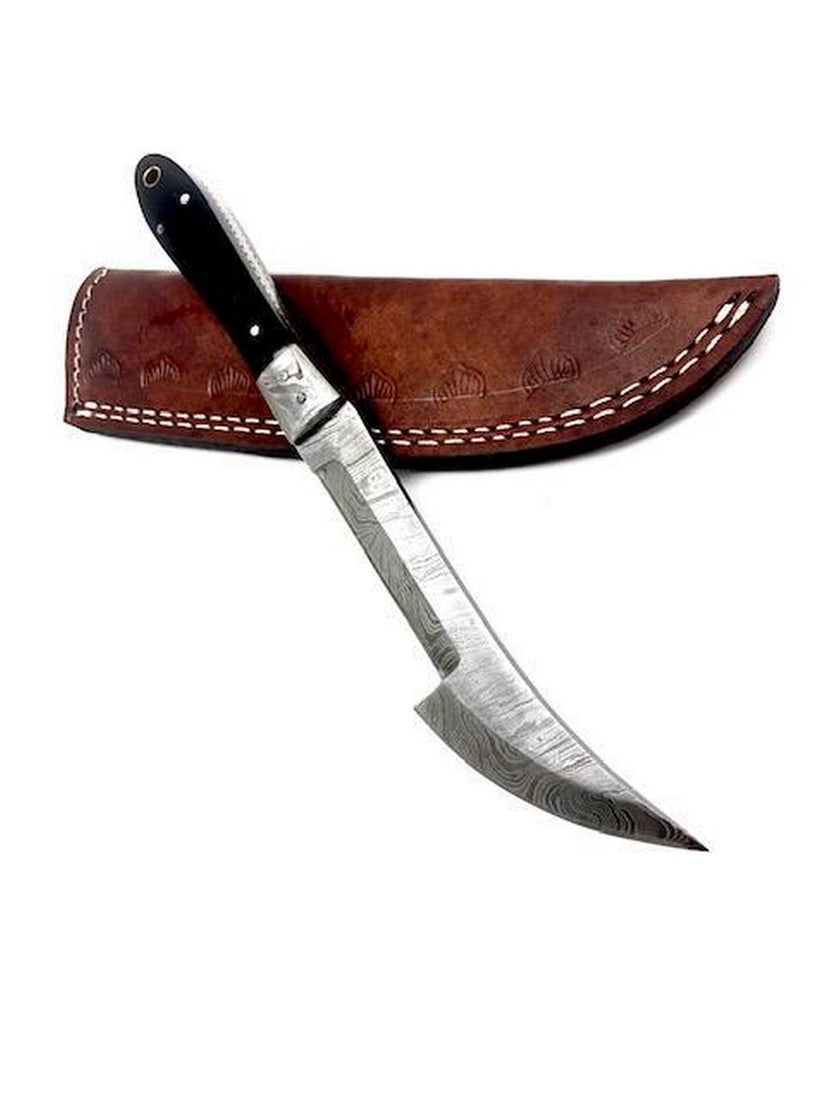 Damascus Steel Full Tang Wood Handle Skinning Shiv For Hunting With Leather Stitched Sheath: 10 Inch Long Damascus Steel Full Tang Wood Handle Skinning Shiv For Hunting With A Compact Tailing Point Blade And Leather Stitched Sheath. View Photos For Further Details.