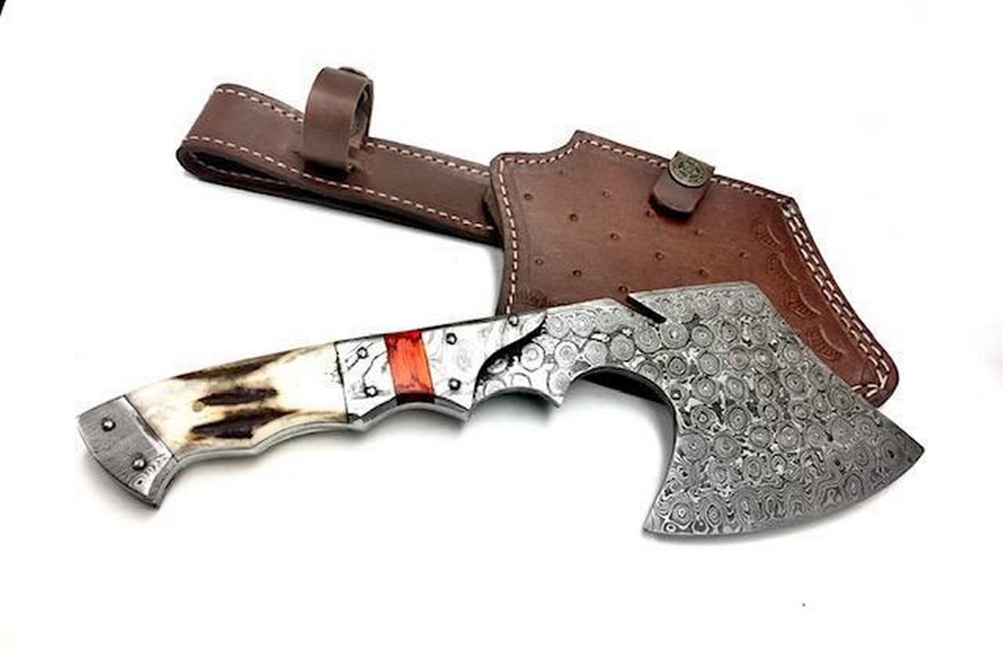 Handmade Damascus Steel Hunting Axe Chopper Knife: Handmade Damascus Steel Hunting Axe Chopper Knife Handle Stag Antler with Damascus Bolster. Damascus Steel Blade with 256 Layers on it. HARDNESS 56-60 H R C VERY HIGH QUALITY GENUINE LEATHER SHEATH SI