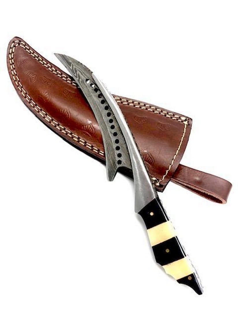 Damascus Full Tang Raptor Talon Blade With Carved Alabaster Handle And Stitched Leather Sheath: 10 Inch Long Damascus Full Tang Raptor Talon Blade With Carved Alabaster Handle And Stitched Leather Sheath. View Photos For Further Details.