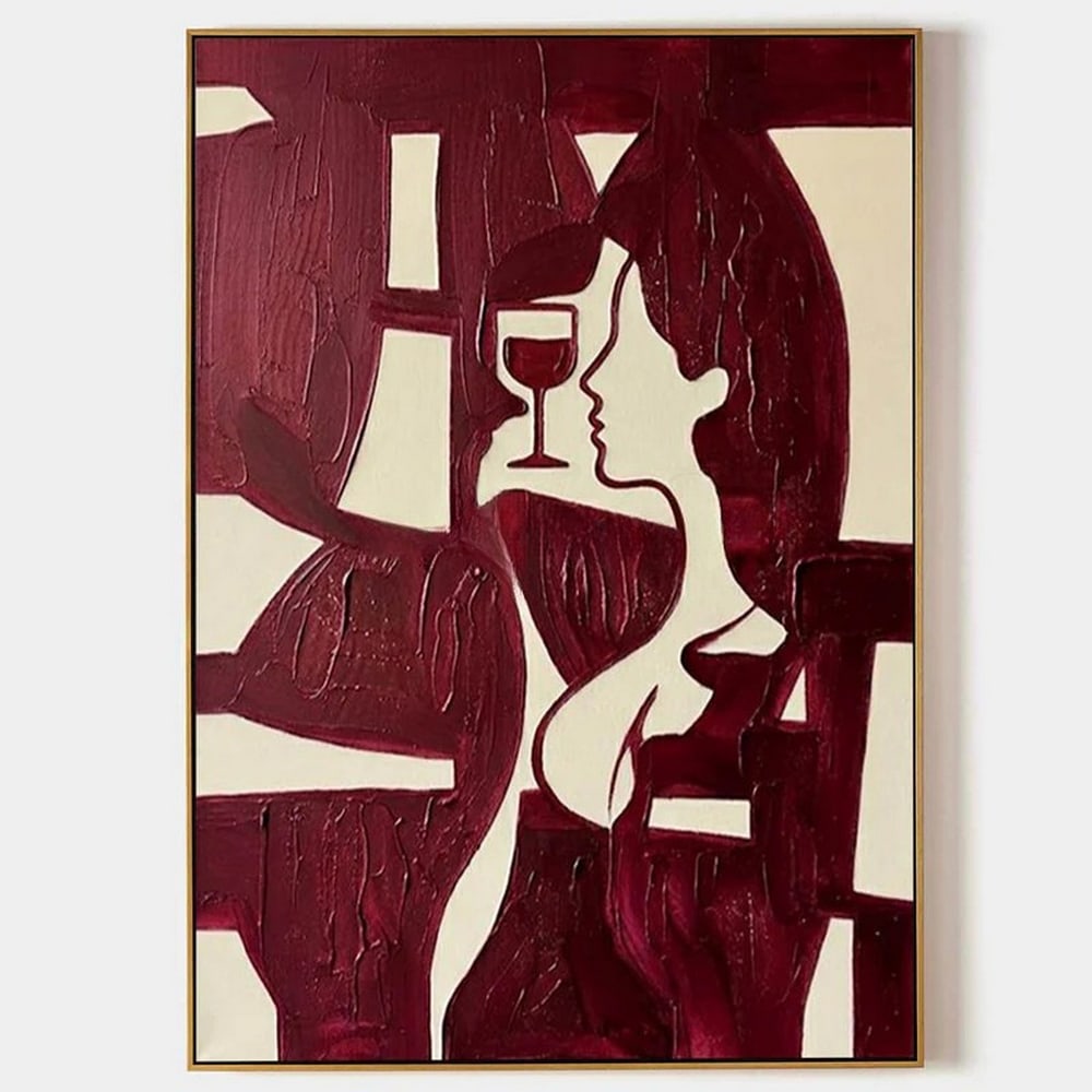 "Wine and Whispers" Abstract Art Canvas Painting: "Wine and Whispers" Abstract Art Canvas Painting This bold and expressive composition captures the elegant silhouette of a woman intertwined with abstract forms in deep crimson tones. A delica