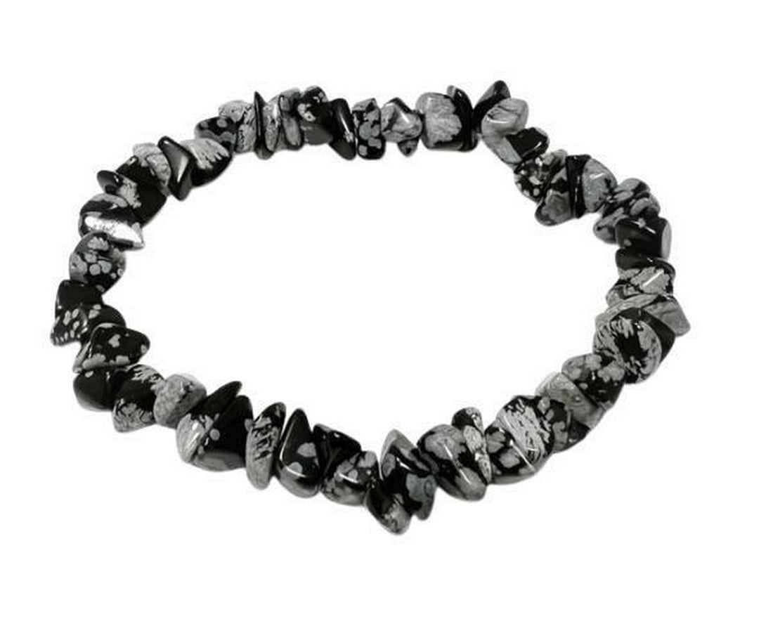 Snowflake Obsidian Chip Bead Bracelet: Snowflake Obsidian Chip Bead Bracelet Obsidian is a form of volcanic glass, it has been used as glass by ancient cultures. Some call it smoky tears or Apache Tears, as it is said to resemble a tear