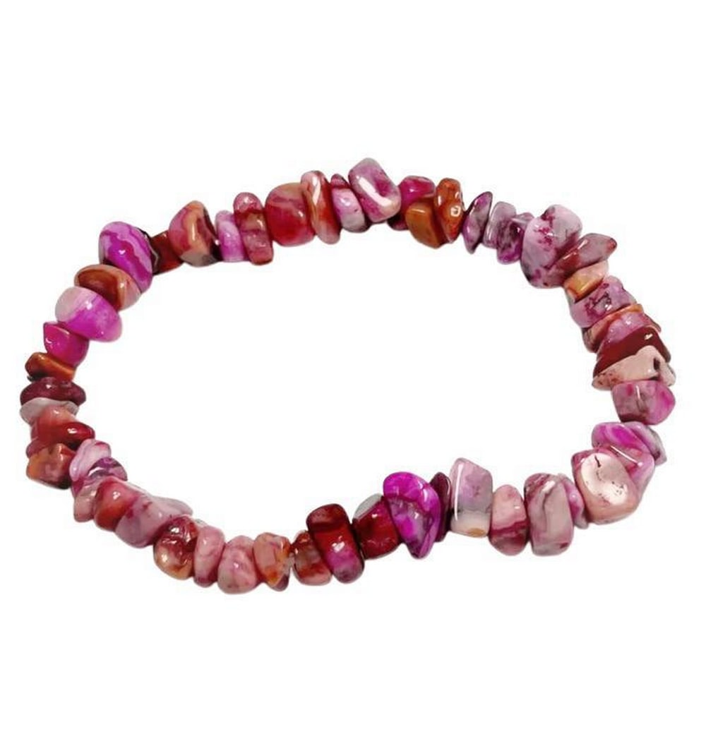 Pink Agate Chip Bead Bracelet: Pink Agate Chip Bead Bracelet This pink agate, also called the Laughter Stone, is associated with fiestas and dancing, and brings joy to those who wear it. Found in Brazil, it provides elevating