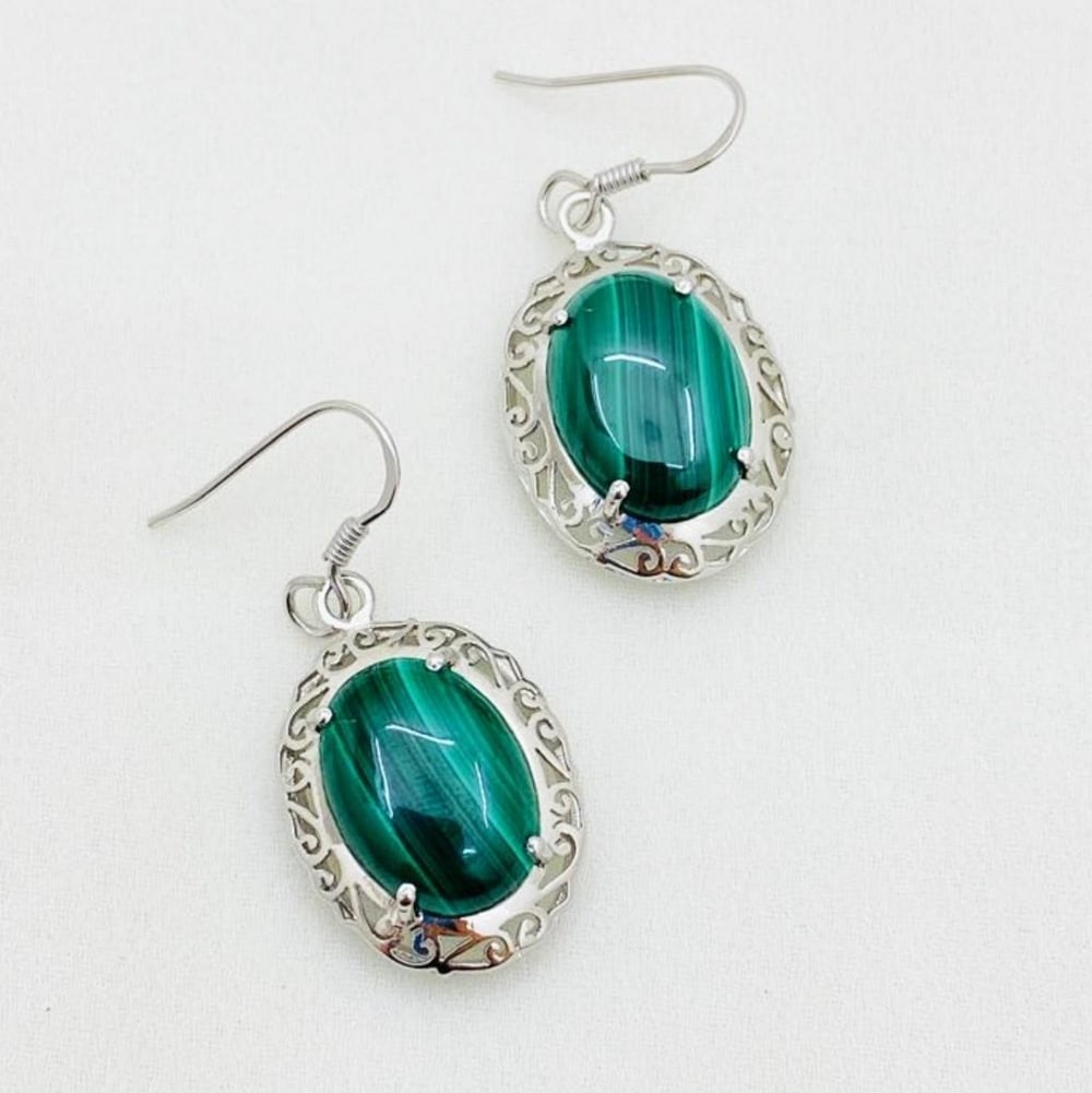 Malachite Cabochon Wire Back Earrings (1 of 2)