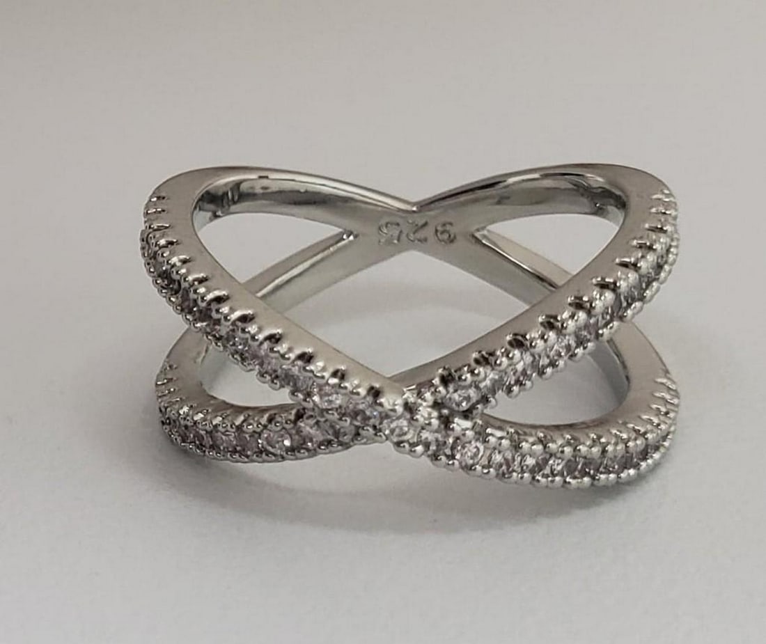 Sterling Silver 925 CZ Rhinestone Crossband Ring (1 of 3)