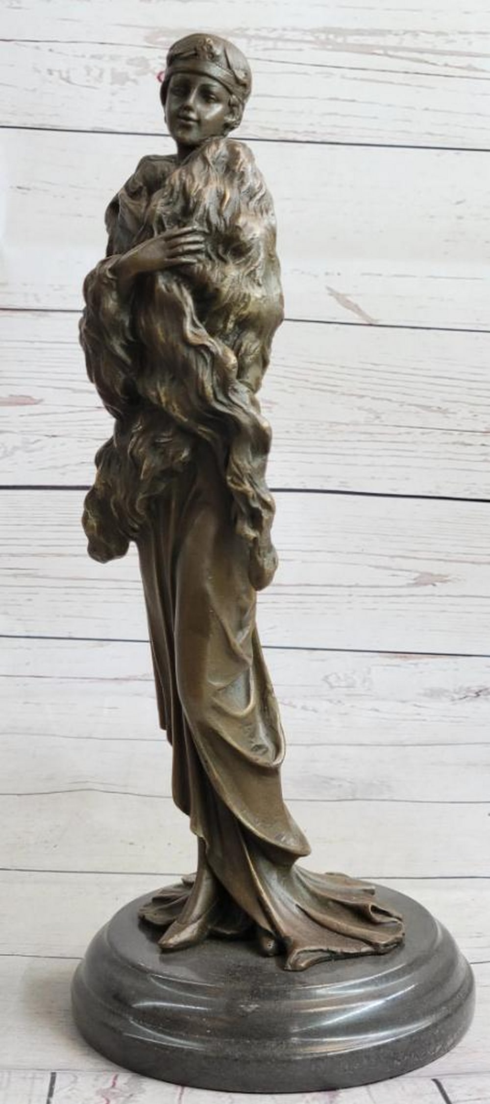 1920s Flapper Woman in Furs Original Bronze Statue - 14" x 5": 1920s Flapper Woman in Furs Original Bronze Statue This striking bronze sculpture reflects Jean Patou's unique style, featuring a sensual female figure in an evening gown draped with a short fur c