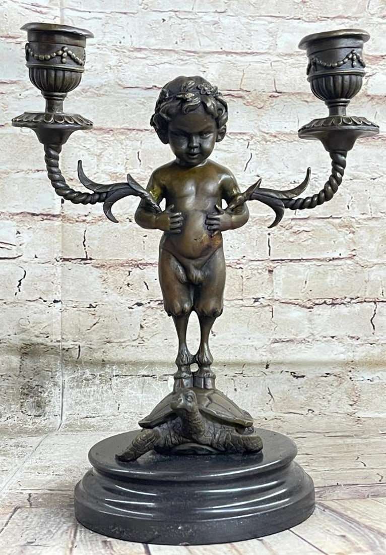 Baby Satyr and Tortoise Bronze Candelabrum Sculpture - 13" x 9" (1 of 6)