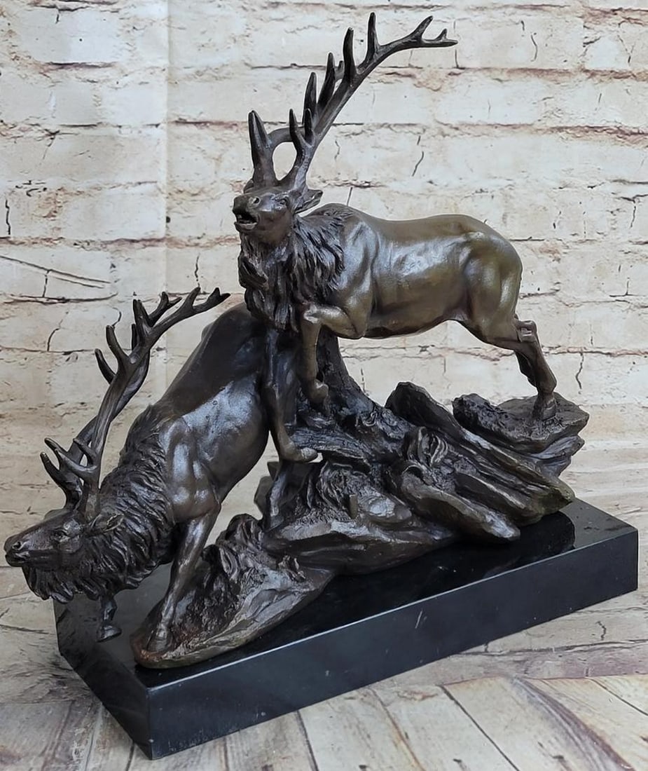 Barye’s Reproduction Bronze Sculpture of Two Running Deer with Marble Base – 12" x 15" (1 of 6)