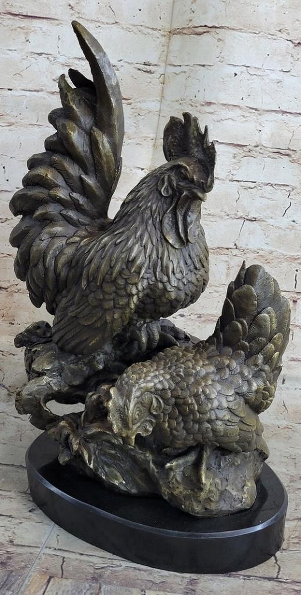 Two Roosters Bronze Statue: Two Roosters Bronze Statue The roosters are, in it's exquisite feathered and colored costume, walks while crowing the early alarm of the break of dawn. they look out defiantly at the viewer from u