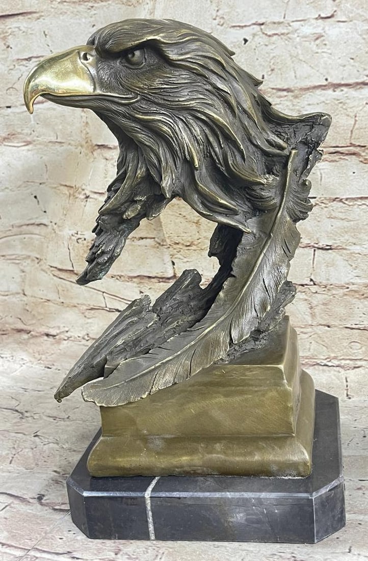 Original Large American Bald Eagle Bronze Sculpture Signed By Artist - 12lbs: The bust of the eagle head captures the essence of the majestic bird of prey. The eagle`s very large hooked beak (coated in a gold patina) is used for tearing flesh from their unfortunate prey. Th