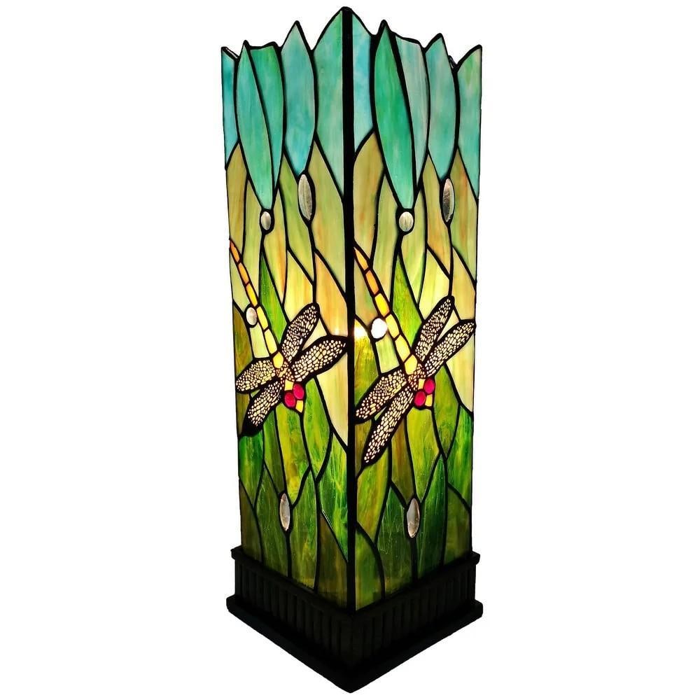 18" Tiffany-Style Dragonfly Table Lamp with Dark Brown Base: 18" Tiffany-Style Dragonfly Table Lamp with Dark Brown Base Table lamp featuring a dragonfly design crafted from 160 hand-cut stained glass pieces. The lamp has a dark brown poly-resin base and re