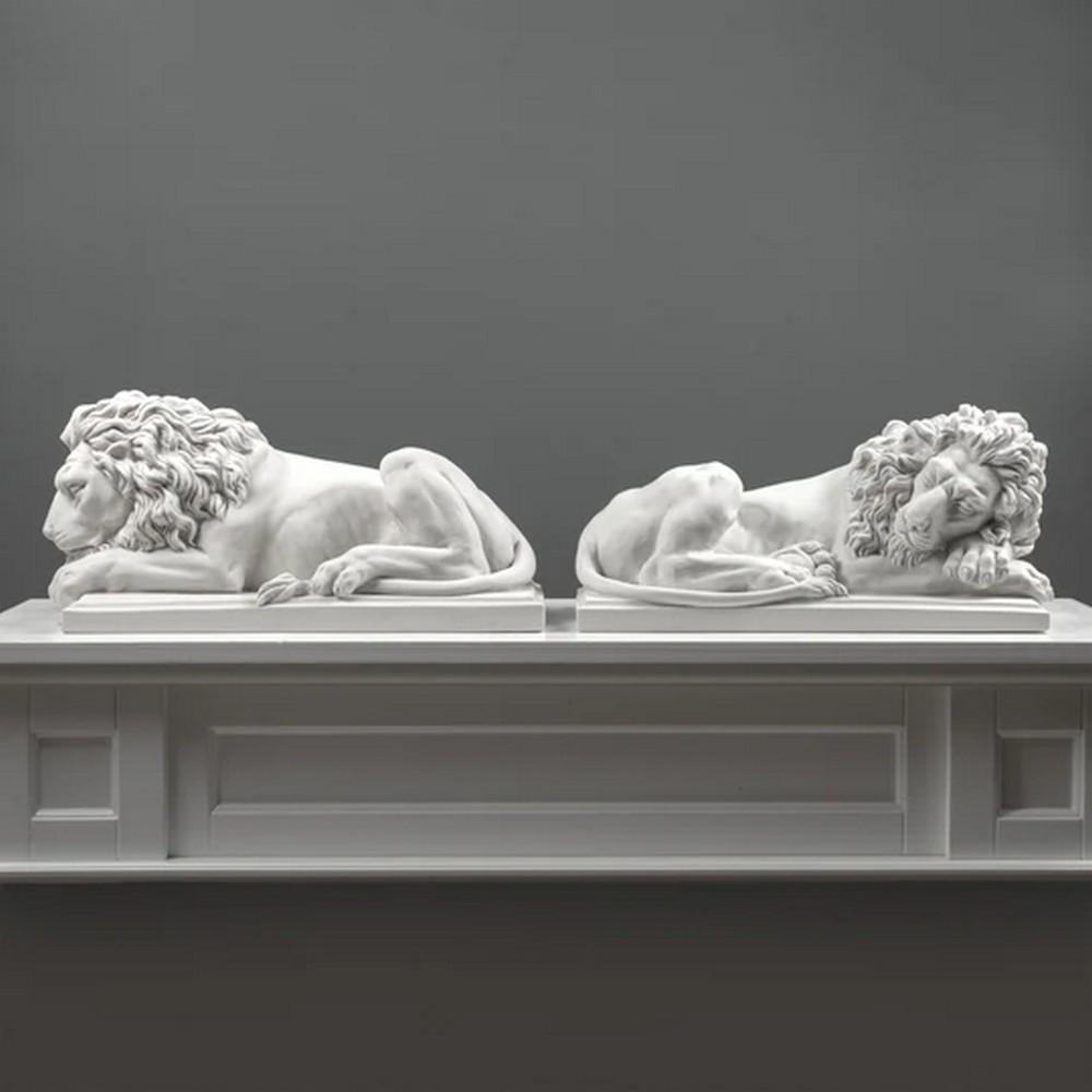 Large Guardian Lions, Carrara Marble Cast Pair – 52.8 lbs (Total): Large Guardian Lions, Carrara Marble Cast Pair – 52.8 lbs (Total) This solid pair of lion statues embodies strength and timeless elegance through refined form and weighty presence. Cast from
