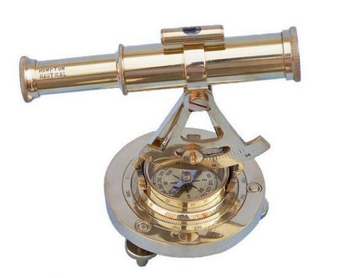 7" Solid Brass Alidade Compass: 7" Solid Brass Alidade Compass The Brass Alidade Compass with Telescope and Bubble Level is a beautiful desktop nautical gem or can rest perfectly on a mantel or bookshelf. This solid brass alidad