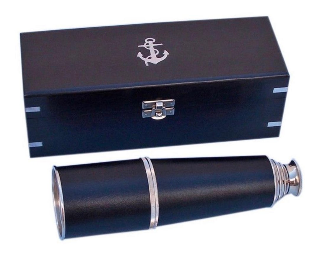Deluxe Class Admiral's Chrome Leather Spyglass Telescope with Black Rosewood Box (1 of 4)