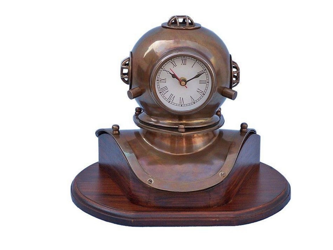 12" Classic Antique Brass Diver's Helmet Clock on Rosewood Base (1 of 5)