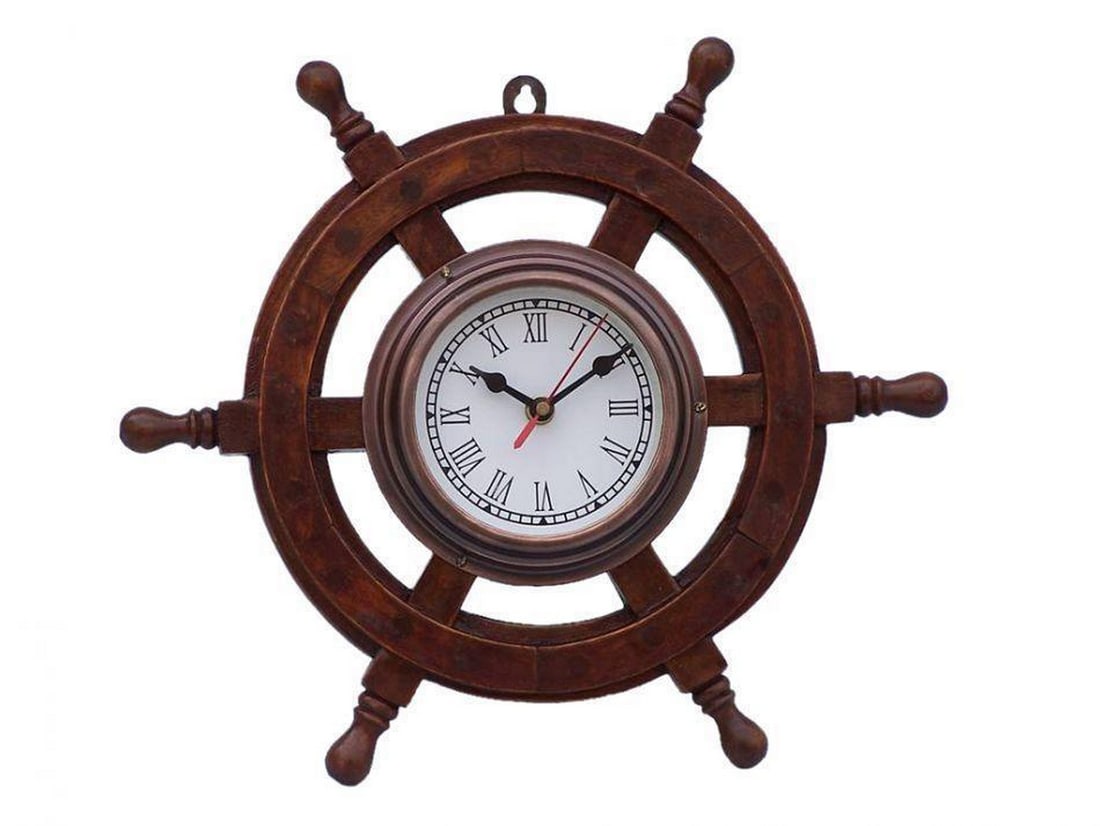 12" Premium Wooden Ship Steering Wheel Clock with Antique Copper Finish: 12" Premium Wooden Ship Steering Wheel Clock with Antique Copper Finish Crafted from rare and robust Shisham wood, renowned for its durability, this decorative ship wheel showcases distinct wood g