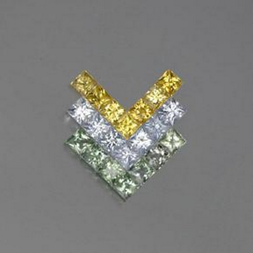 3.26ct Princess Cut Fancy Sapphires: 3.26ct Princess Cut Fancy Sapphires The lot contains 21 sapphires, all at 0.16ct each with colors displayed in the lot photo. Raw Dimension: 2.7 x 2.7mm Total Carat Weight: 3.26ct Treated: Yes.