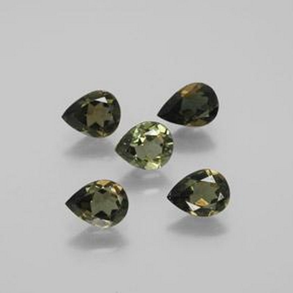 2ct Pear Cut Earth Green Kornerupines: 2ct Pear Cut Earth Green Kornerupines This lot contains 5 pear cut Kornerupine stones, each at 0.45ct Raw Dimension: 5.9 x 4.5 x 2.6mm Total Carat Weight: 2.23ct Treated: No Please view photos for